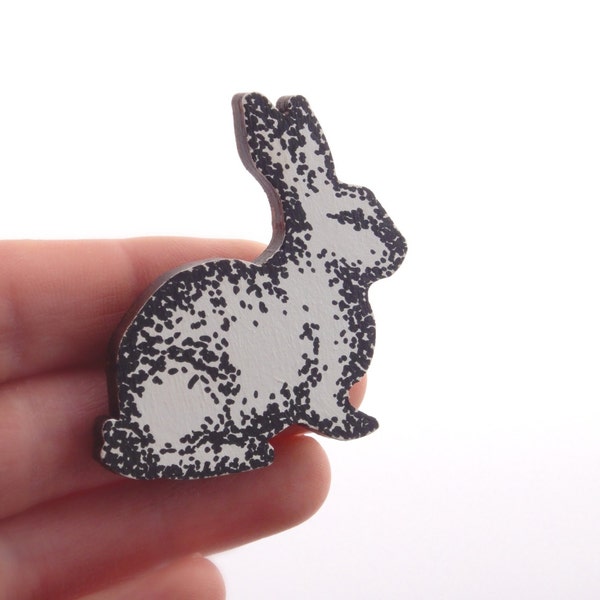 Modern Wooden Rabbit Brooch, Black and White Dotty Rabbit Pin