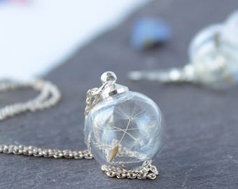 Sterling Silver Matching set of Mini Dandelion Seed Necklace and sterling silver drop earrings, with handblown glass.