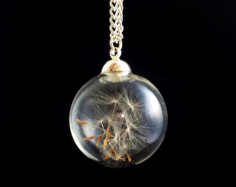 Dandelion Seed Head Pendent, silver chain nature filled glass necklace, Botanical Jewellery Terrarium, wishing fairys in a bottle