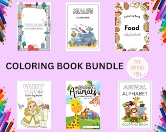 Kinder Malbuch-Bundle | 6 Malbücher zum Ausdrucken | Tiere Alphabet, Fahrzeuge, Meerestiere, Märchen, Kleinkind Malseiten