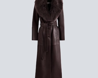 Leather Coat for Women with Shearling Collar, Long Brown Lambskin Shearling Leather Coat, Luxury Belted Winter Outerwear.