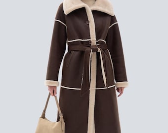 Brown Shearling Leather Coat Women | Long Fur Lined Leather Winter Coat with Belt | Womens Warm Leather Overcoat