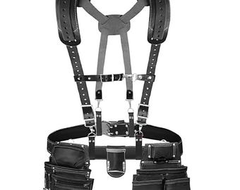 Leather Tool Belt with Suspenders Heavy Duty 19 Pocket Work Organizer Carpenter Framing Utility Tool Belt Set