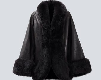 Black Lambskin Leather Shearling Coat – Oversized Winter Jacket