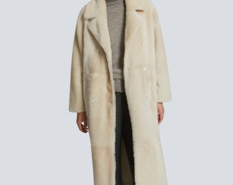 Shearling Wool Coat for Women – Double Button Long Winter Coat, Ivory Lamb Shearling Outerwear