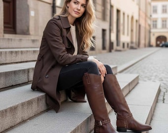 Brown Leather Knee High Boots, Studded Buckle Riding Boots, Handmade Western Equestrian Footwear, Women's Fall Fashion Gift