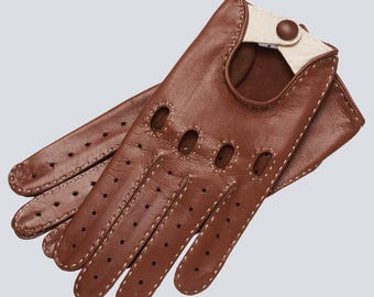 sattelbraune Nappaleder Autohandschuhe | Perforierte ungefütterte Auto-Handschuhe