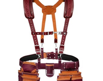 Heavy Duty Leather Tool Belt with Suspenders, 19 Pocket Work Tool Organizer, Framing Utility Carpenter tool Belt