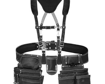 Heavy Duty 19 Pocket Leather Carpenter Tool Belt with Suspenders Multipurpose Work Organizer Pouch for Construction