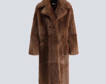 Shearling Coat for Women, Long Brown Lambskin Shearling Coat, Luxury Oversized Winter Fur Coat