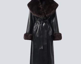 Leather Trench Coat with Shearling Collar – Luxury Long Black Leather Coat, Belted Winter Leather Coat for Women