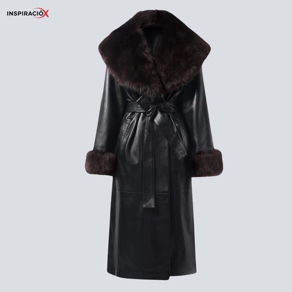 Leather Trench Coat with Shearling Collar – Luxury Long Black Leather Coat, Belted Winter Leather Coat for Women
