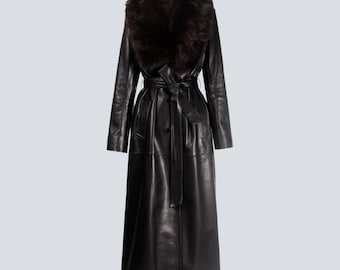 Leather Trench Coat with Shearling Collar – Long Black Leather Coat, Belted Luxury Winter Coat for Women