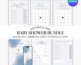Baby Shower Invitation Games Bundle, Minimalist Baby Blue Templates (Digital Download