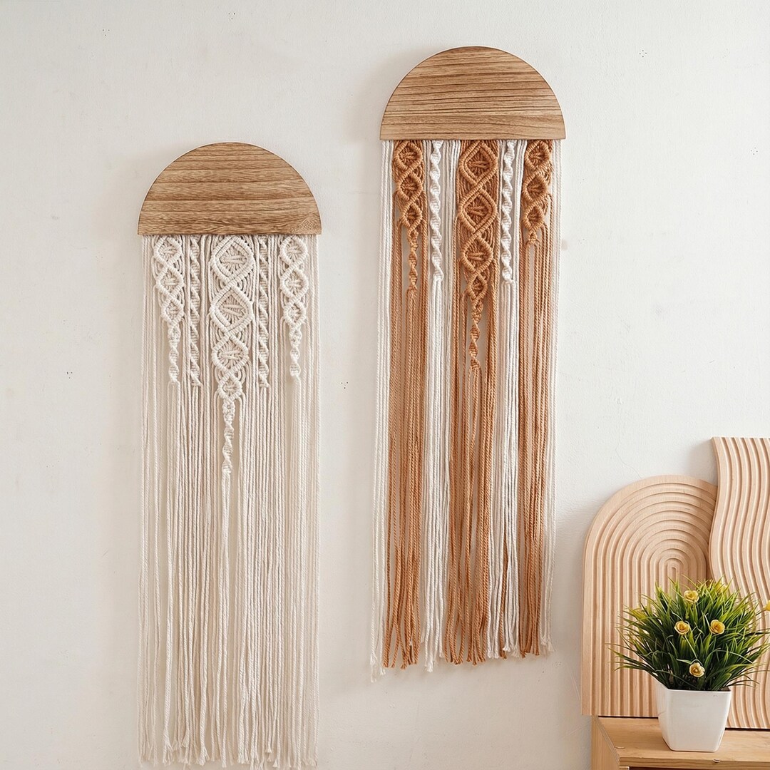 Boho Macrame Wall Hanging Set, Wooden Half Moon Decor - Etsy