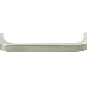 May include: A silver-toned, brushed metal cabinet pull with rounded edges. The pull is shaped like a rounded rectangle with slightly curved ends.