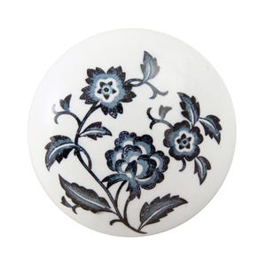 Maçaneta de porta de cerâmica branca vintage com detalhe floral azul