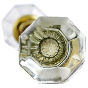May include: A clear glass door knob with a brass base and a decorative floral design in the centre.