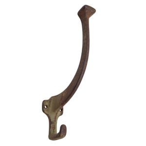 May include: A wall-mounted coat hook made of weathered, dark brown metal with a textured, rusted appearance. The hook features a long, curved upper arm ending in a flat, diamond-shaped tip and a smaller, shorter lower hook for additional storage.