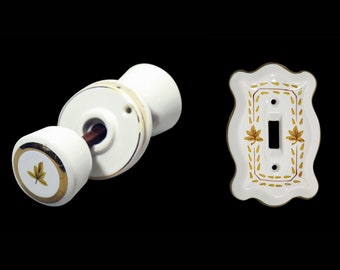 Vintage White Gold Leaf Porcelain Door Knob Set with Switch Cover