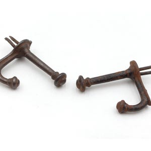 May include: Two rusty metal hooks with a pointed end and a rounded knob. The hooks are made of a dark brown metal and have a rustic appearance.