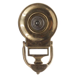 Vintage Brass Peephole Door Knocker with Label Area