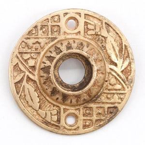 May include: A round, brass door knob escutcheon with an intricate, ornate design. The escutcheon is a light gold colour and has a circular hole in the centre.