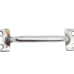 May include: A silver-colored metal handle with a curved bar and rectangular mounting plates on each end. Each plate has two circular holes for screws. The handle shows signs of wear and some rust.