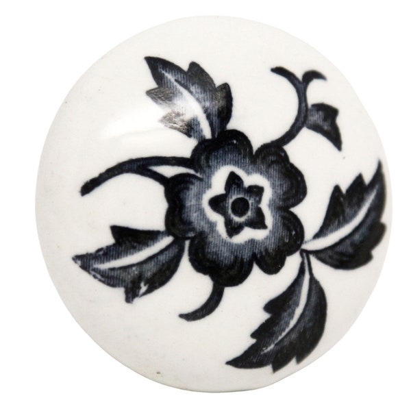 Vintage 1.375 in. Blue & White Floral Porcelain Drawer Cabinet Knob