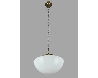 Antique 13.5 in. Schoolhouse Saucer Milk Glass Brass Pendant Light