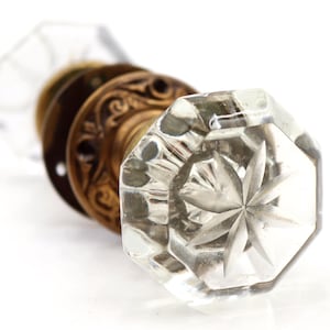 Set di pomelli per porta in ottone anticato con vetro ottagonale inciso