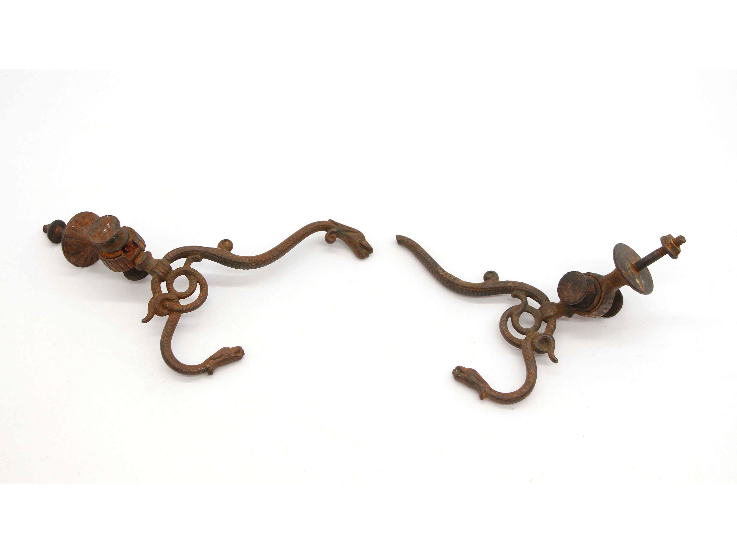 Pair of Antique Wrought Iron Serpentine Hall Tree Wall Hooks 