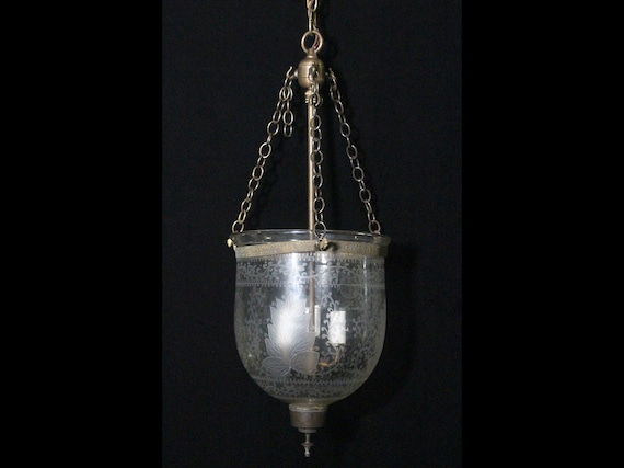 Antique Victorian 9.25 In. Etched Glass Bell Jar Pendant Light