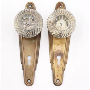 Juego de pomos de puerta decorativos de latón y cristal transparente estilo Art Déco vintage