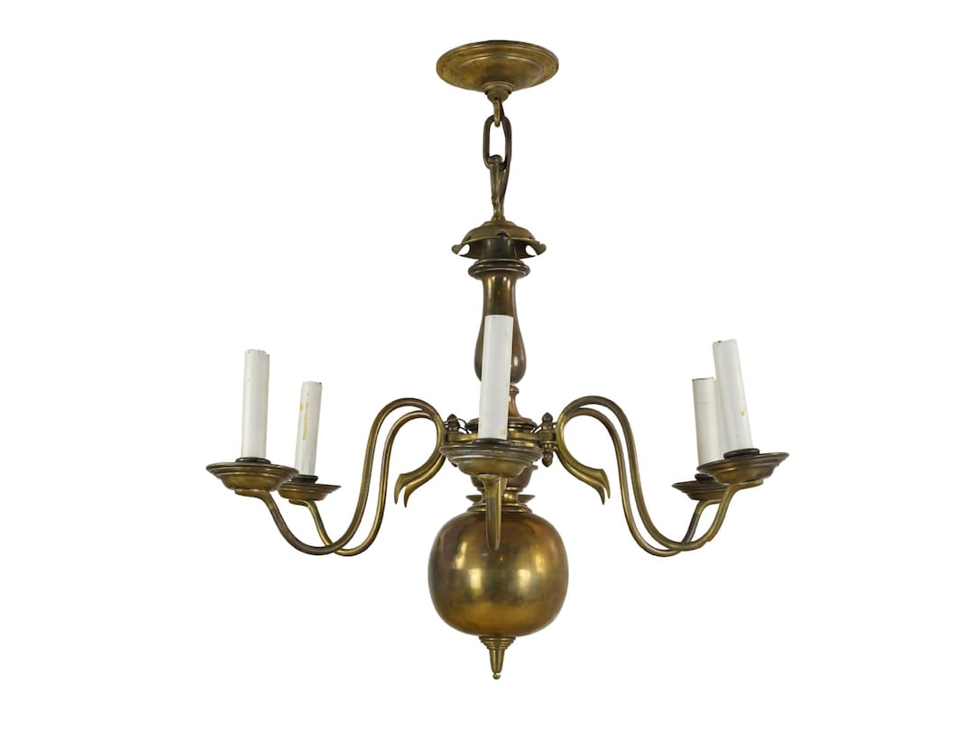 Antique 6 Arm Colonial Brass Chandelier