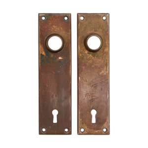 Peut inclure: Deux plaques de porte en laiton antique avec des trous de serrure et des trous ronds pour les boutons de porte. Les plaques ont une patine usée et vieillie.
