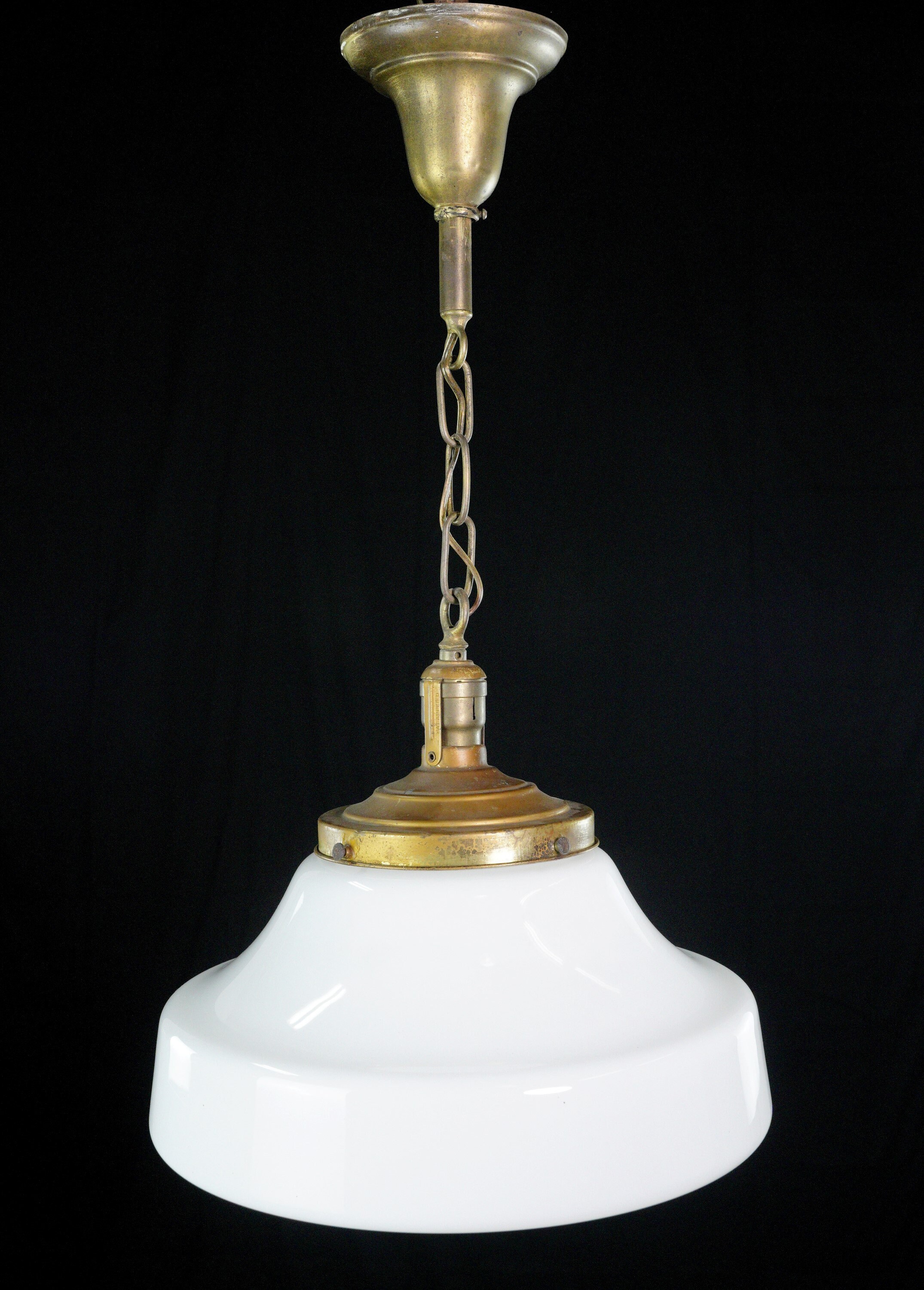 Antique 15 In. Schoolhouse White Milk Glass Brass Chain Pendant