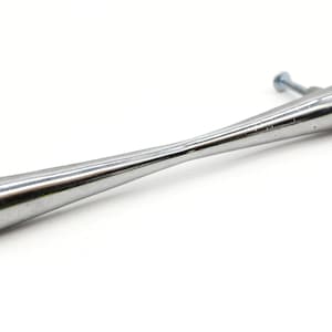 May include: A silver, tapered, cabinet pull with a twist in the middle. The pull has two screw holes on either end.