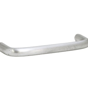 May include: A silver metal cabinet pull with a rounded rectangular shape.