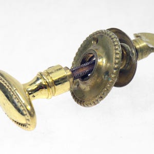 May include: A gold-toned door knob with an oval-shaped handle and a decorative rosette. The knob has a detailed design with a beaded edge.