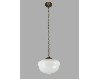 Antique 11.5 in. Schoolhouse White Milk Glass Brass Pendant Light