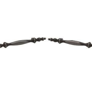 May include: Two antique silver drawer pulls with a decorative design. The pulls are made of metal and have a slightly curved shape.