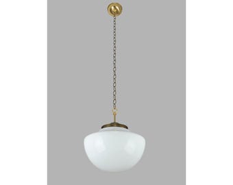 Antique Schoolhouse 14 in. Milk Glass Brass Chain Pendant Light