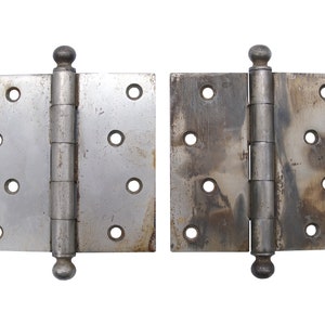 Par de dobradiças antigas de porta com ponta esférica de aço 4,5 x 4,5