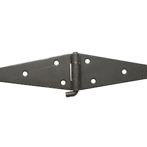 May include: A black metal hinge with four holes on each side and a rounded pin. The hinge is designed for attaching doors or gates.