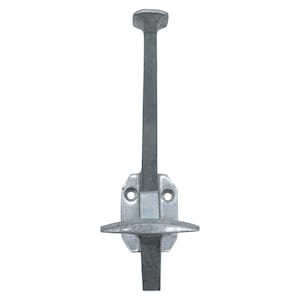 May include: A silver metal coat hook with a single hook extending out from the side. The hook is mounted on a rectangular base with two holes for mounting.