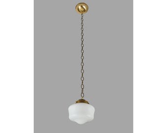 Antique 6.5 in. Schoolhouse Milk Glass Brass Pendant Light