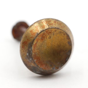 Może przedstawiać: Mały, okrągły, mosiężny gałka z drewnianym trzonkiem. Gałka ma zużyty, postarzony wygląd z lekko fakturowaną powierzchnią.