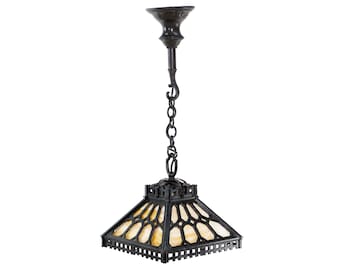 Rare Arts & Crafts Slag Glass Black Cast Iron Pendant Light