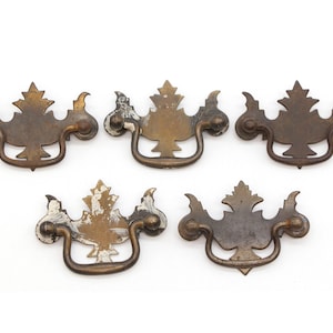 Może przedstawiać: Pięć antycznych mosiężnych gałek do szafek z ozdobnymi wzorami liści. Gałki mają prosty uchwyt w kształcie pętli i są w różnym stanie zużycia.